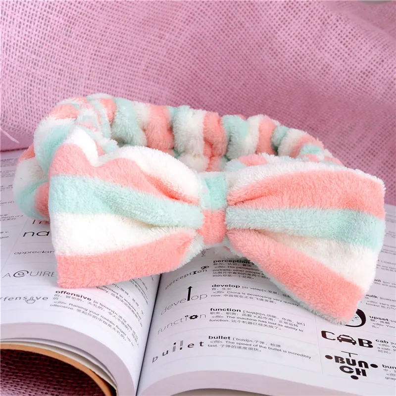 Bath Hair Band Womens Coral Velvet Big Bow Polka Dot Stripe Bandeaux Laver Visage Maquillage SPA Douche Cheveux Turban ZA0625