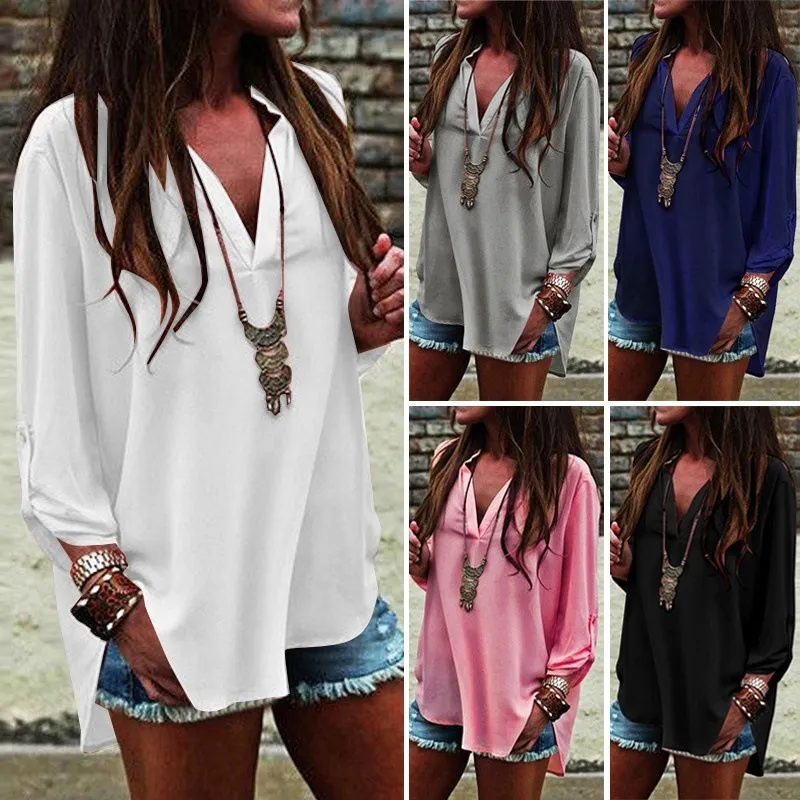 New Arrived Plus size blouses shirt 5XL-S Autumn Fashion Women's Long sleeve Blouse Shirts V-Neck Loose Fashion Chiffon Shirt blouse