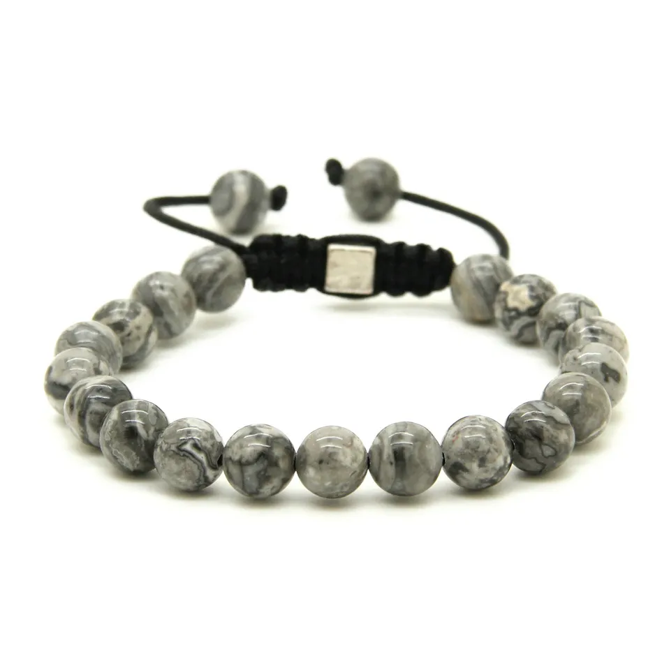 de 10 pièces entières de 8mm, Onyx noir naturel, blanc, Howlite, marbre gris, jaspe, perles en macramé, bracelets porte-bonheur, 316d