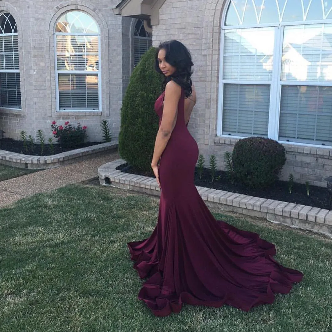 Cheap Burgundy Prom Dresses Boat Neck Sexy Sleeveless Backless Sweep Train Long Mermaid Formal Evening Party Dress8728448