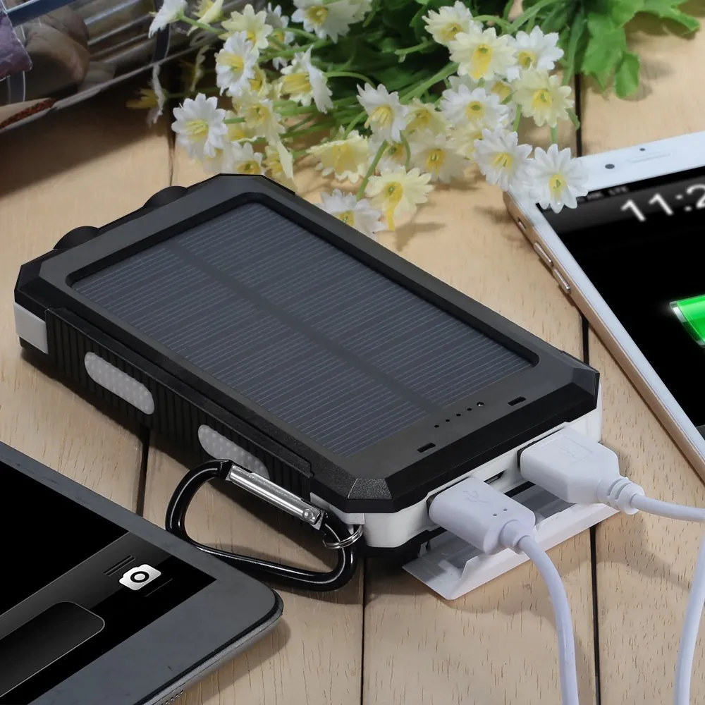 Tragbare Solarlampen-Powerbank, 10.000 mAh, externer Backup-Akku, Dual-USB-Panel-Ladegerät mit 2 LED-Licht-Karabiner-Kompass