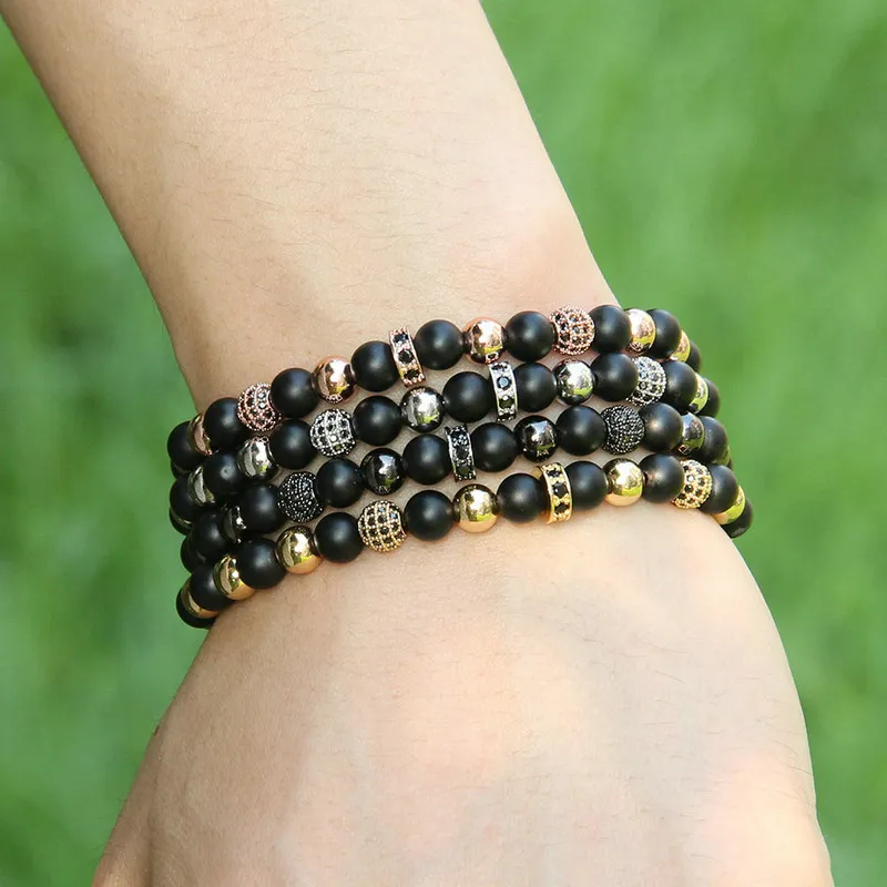 Wholesale High Grade Jewelry 6mm Micro Inlay Black Zircons Lucky Cz Beads Bracelets with 6mm Matte Agate Stone