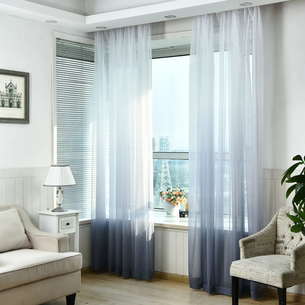 Rideau de fenêtre en tulle transparent pour salon cuisine voile à motif moderne avec couleur vive pour la décoration de fenêtre style minimaliste 1108625