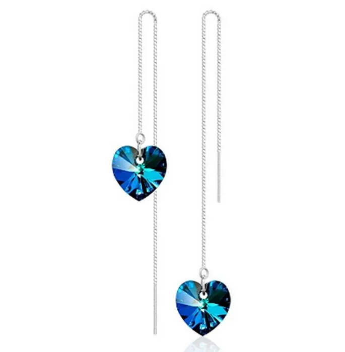 Blue Crystal Heart Charm Oorbellen 925 Silver Long Drop Love Earring Bridal Wedding Sieraden voor Vrouwen