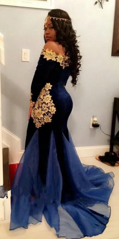 Dark Royal Blue And Gold Applique Prom Dresses Africa Off Shoulder Long Sleeves Evening Dresses Special Design Mermaid Tail Party Gowns