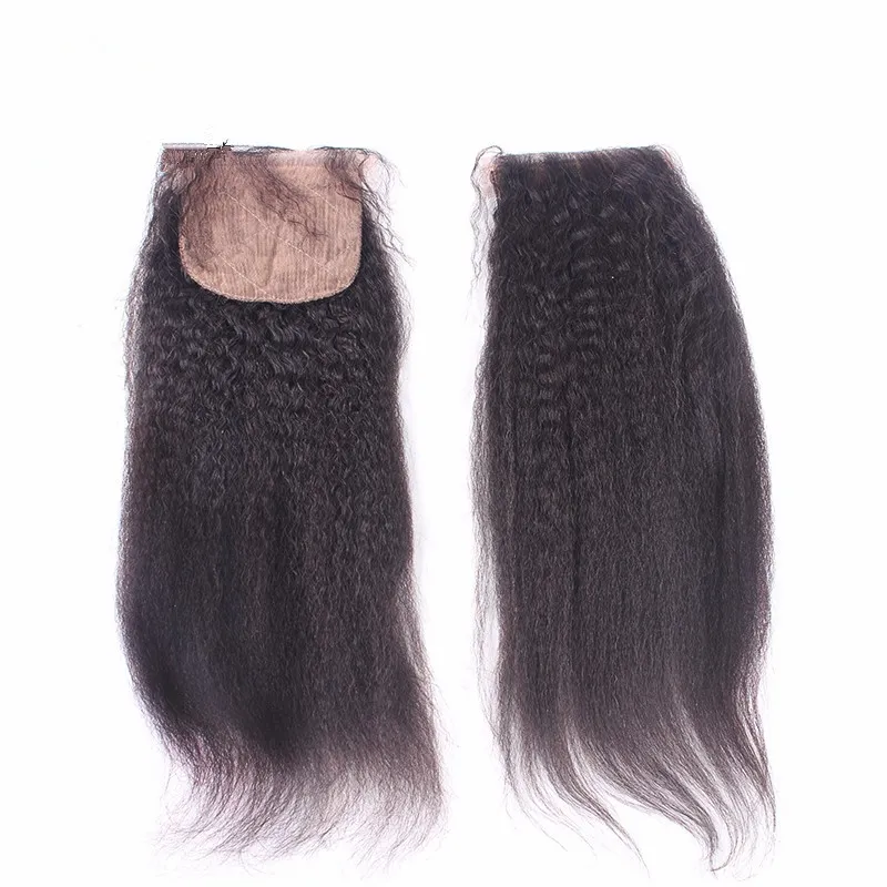 Cabelo virgem peruano crespo reto com fechamento de base de seda 4x4 4 unidades / lote italiano grosso yaki fechamento superior de seda com cabelo virgem weav7730743