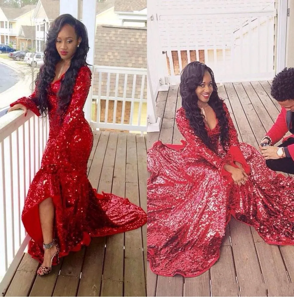 African style Red Sequined Formal Mermaid Prom Dresses Long Sleeves Ruffles V Neck Black Girl Dress Formal Evening Gowns custom Made 2018