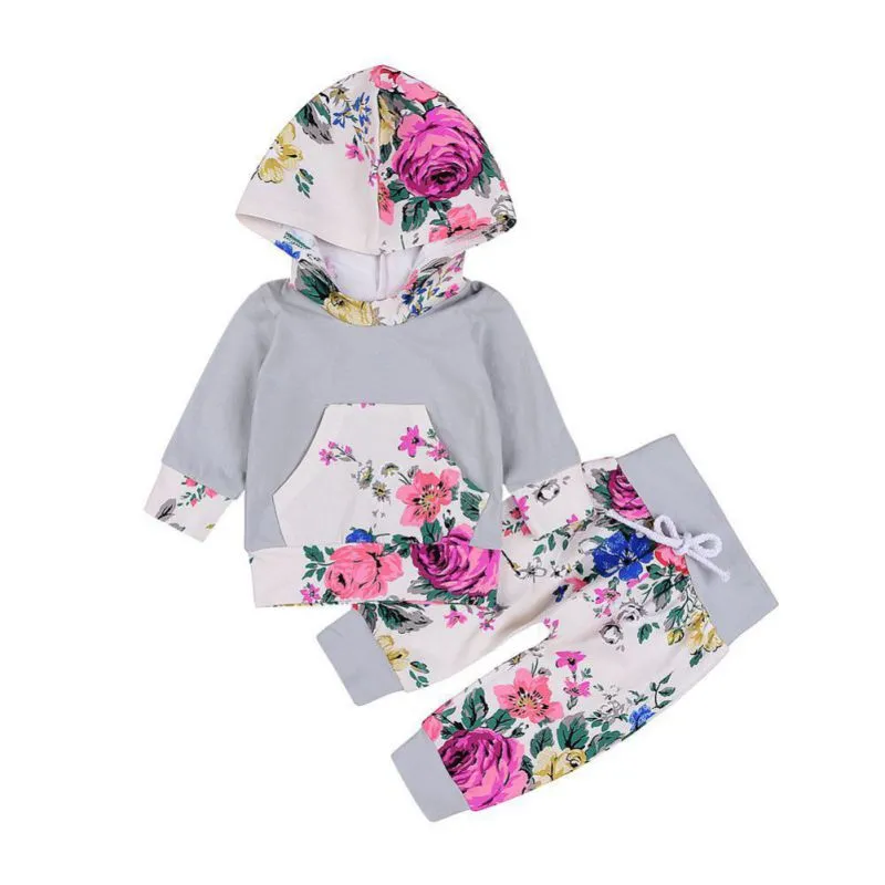 Conjunto de ropa de moda para niñas recién nacidas, sudaderas con capucha de flores + Pantalones, conjunto de 2 uds. De conjuntos para niñas, ropa para niñas, conjunto de ropa para niños de 0 a 24 meses