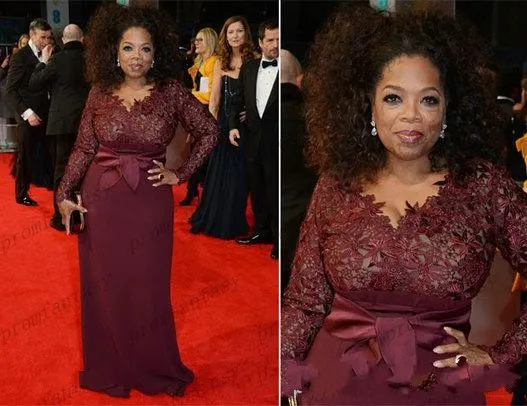 Oprah Winfrey Nieuwe Designer Bordeaux Schede Moeder van de Bruid Jurken V-hals Kant Lange Mouwen Plus Size Moeder van Bruidegom Jurken273h