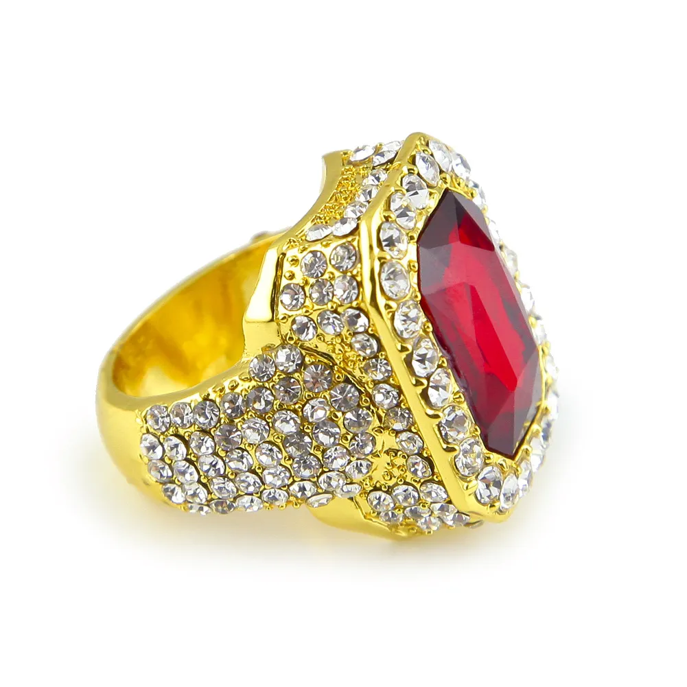 Men Gold Plated Ruby Hip Hop Ring Iced Out Micro Pave Punk Rap Jewelry Size Available1794