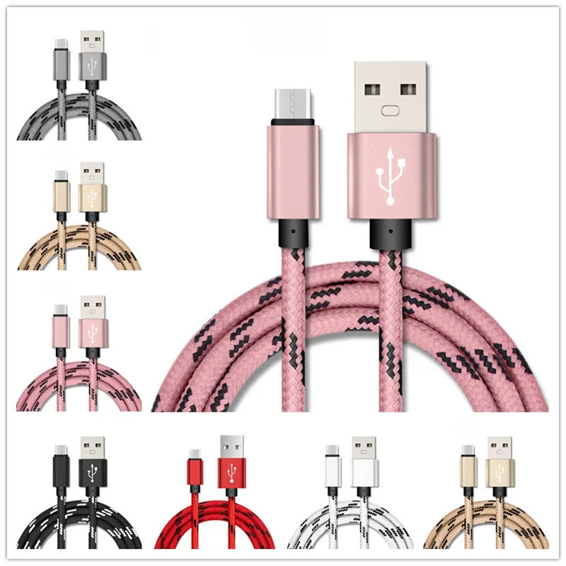 Tygflätad kabel Mikro typ C USB -datasynkroniseringsladdningskablar för Samsung S4 S6 S7 Edge S8 Plus HTC LG Telefonkabeltråd