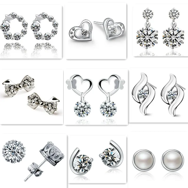 925 silver plated earrings stud natural crystal wholesale fashion jewelry for women love heart crown sweet bowknot bow designer earring earings ear rings