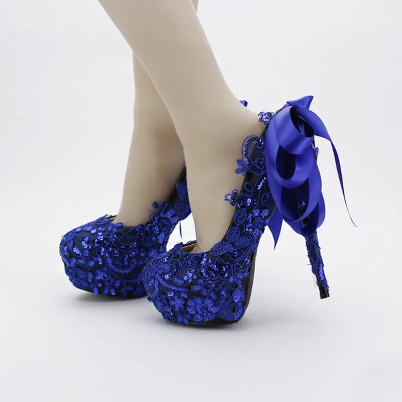 Cor azul Sapatos de Casamento de Renda Lantejoulas Glitter Boate Bombas Bonito Arco de Cetim Mulheres Sapatos de Festa de Aniversário Vestido Azul sapatos