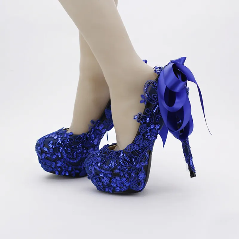 Blauwe kleur kant trouwschoenen lovertjes glitter nachtclub pompen mooie satijnen boog vrouwen prom schoenen partij blauwe jurk schoenen