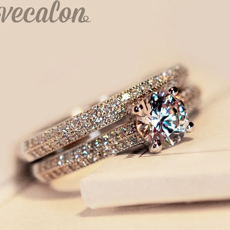Vecalon 2016 bague de mode bague de mariage ensemble pour les femmes 1ct Cz bague en diamant 925 Sterling Silver Female Engagement Finger ring