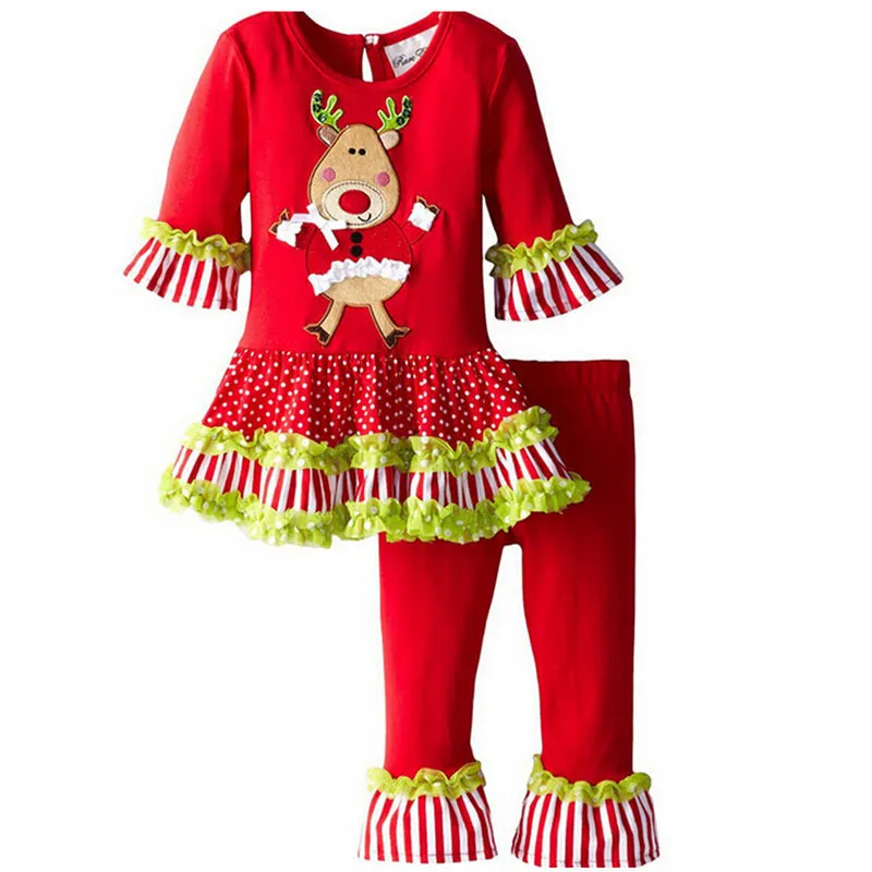 2017 Infantil Xmas Elk Outfit meninas de Natal árvore desenhos animados t-shirt + plissado calças conjuntos crianças bolinhas tops escolher grátis