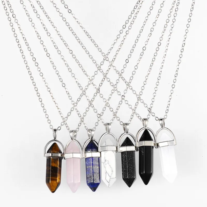 15 Pcs Natural Gemstone Pendant Charms - Bullet Shape Hexagonal Crystal Pendants For Jewelry Making