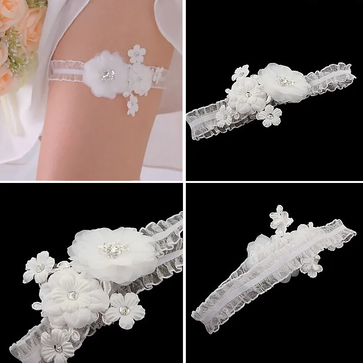 Elegant Elastic Bridal Accessory Satin Plicated Whit Garter Silk Ribbon Bright Strass Flowersl Wedding Decoration Garter 