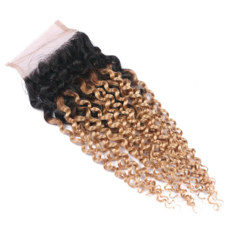 Brazilian Honey Blonde Ombre Human Hair Lace Closure With Baby Hair Kinky Curly 1B/27 Light Brown Ombre 4x4 Front Lace Closure 8-24