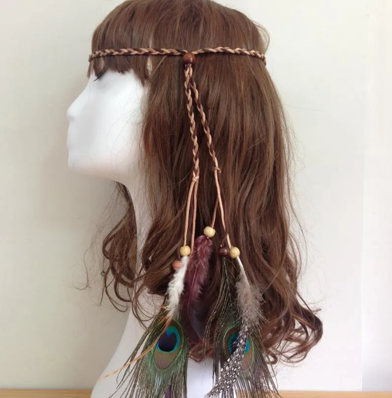 Kobiety dziewczyna zamszowa skórzana opaska czeski boho pawie pióro pleciony łańcuszek gumka do włosów opaska na głowę Hippie Hairband Wrap