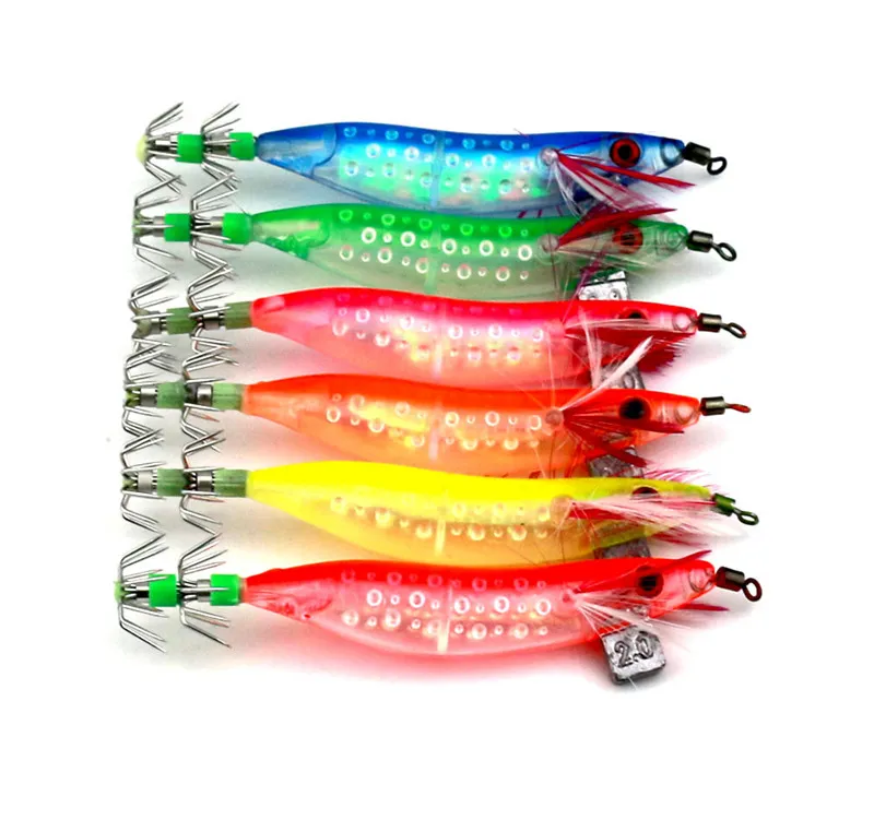 Señuelos luminosos de marca Seawood, anzuelos de pesca Crankbait de calamar en 6 colores, cebos duros de camarón de plástico noctilucente de 10cm y 9,1g