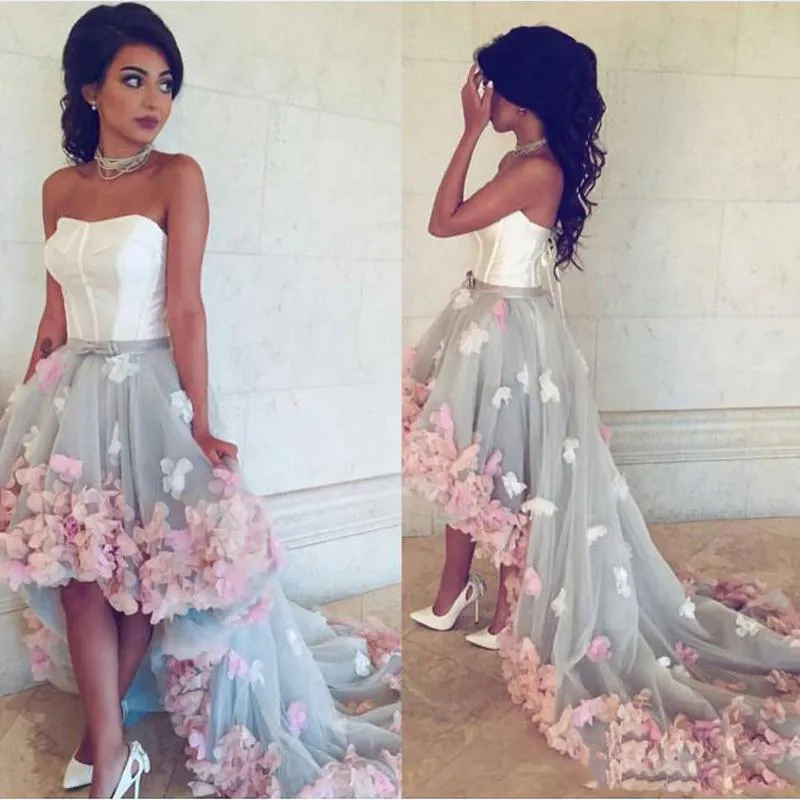 White And Gray Bodice High Low Prom Dresses Lace Up Colorful Applique Sweep Train Evening Gowns South African Strapless Formal Party Dresses