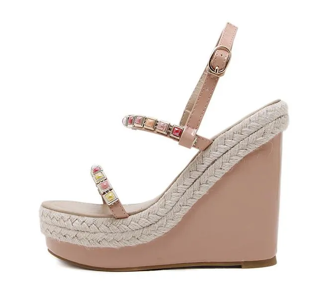 2012 Chic Summer Beige Color Straw Woven Wedge Sandal Platform Heels Pink White Black Beige 2018 Size 34 To 40