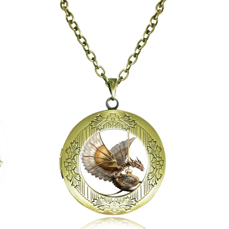 Kadınlar Erkekler Kızlar Erkekler Aksesuar Antik Locket kolye Steampunk Ejderha kolye Cam Cabochon Zaman Gem kolye Moda Takı