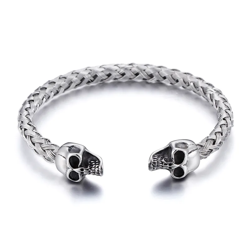 Silver Rostfritt Stål Manschett Bangle Biker Double Skull Head End Open Bracelet Knot Wire Chain