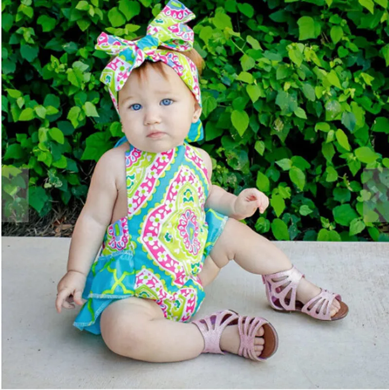 Summer Baby Girls Clothes Flower Jumpsuit with Headband Baby Clothes Girls Lace Up Bodysuit Toddler Girl Romper Baby Clothing 0-2 Years