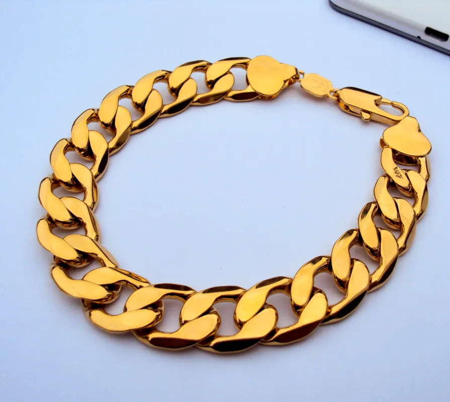 24K GF Stamp Yellow real Gold 9" 12mm Mens Bracelet Curb Chain Link Sieraden 100% echt goud, niet het echte goud, geen geld.