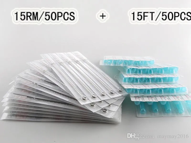 （50 PCS 15RM + 50 PCS 15フィート）タトゥーの針とチューブ混合100ピース -  Professioanlタトゥーの針15rm +使い捨てプラスチックタトゥーのヒント15ft