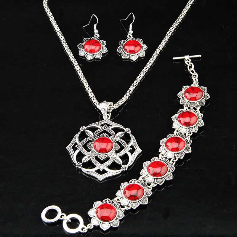 Mode Weiblichen  natürliche rote Blumen-Türkis-Ohrringe Armband Halskette antike silberne Weinlese-Schmuck-Set für Frauen Retro A1019