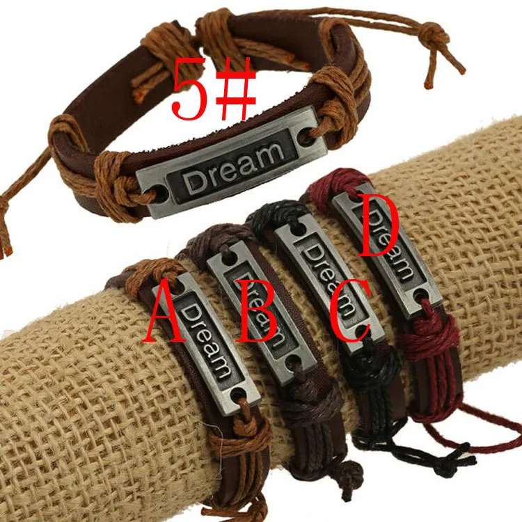 Unisexe fait à la main rêve amour espoir alliage bracelets porte-bonheur tressé corde cuir bracelet bijoux pour hommes femmes