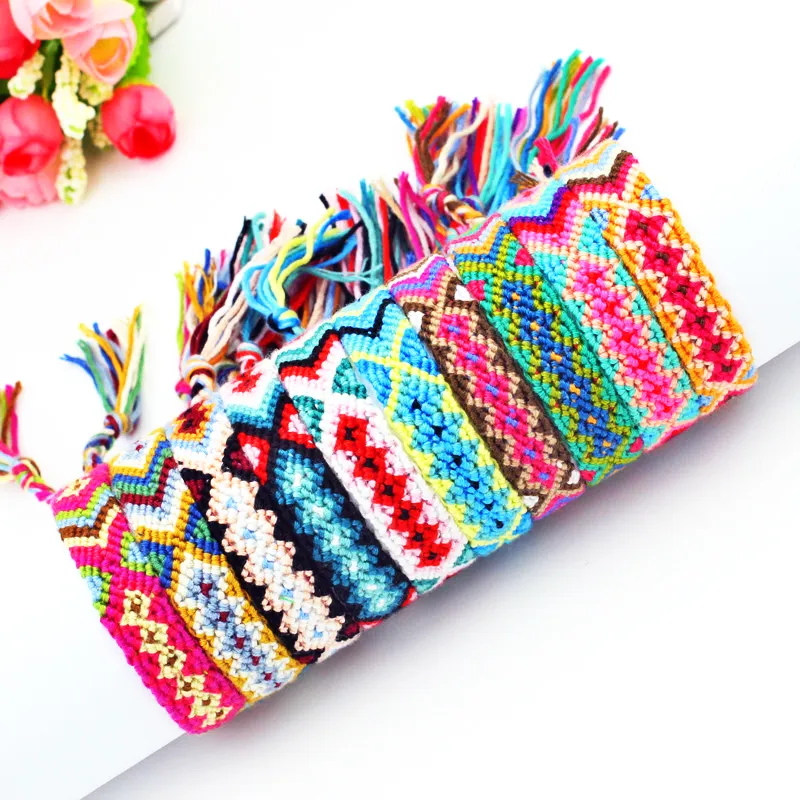 Hippy Boho Rainbow Wrist Armband Handgjorda Vävt Guatemala Bomull Vänskap Armband för bästa vänner