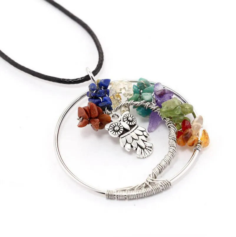 Femmes arc-en-ciel 7 Chakra améthyste arbre de vie puces de Quartz hibou pendentif collier multicolore arbre de sagesse collier en pierre naturelle livraison gratuite