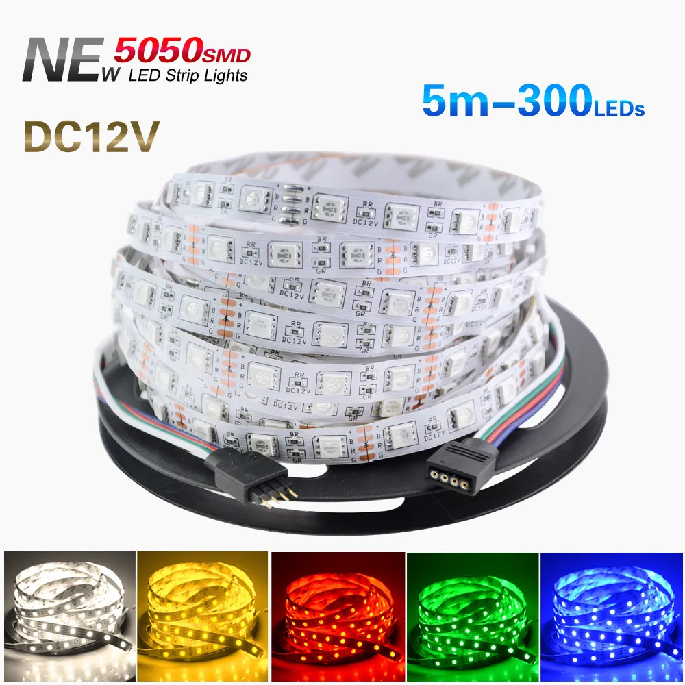 5M 5050 SMD RGB LED Strip Flexible 16FT 5M 300 LEDs multi couleur Non-Waterproof led strip light haute puissance 72W noël halloween party