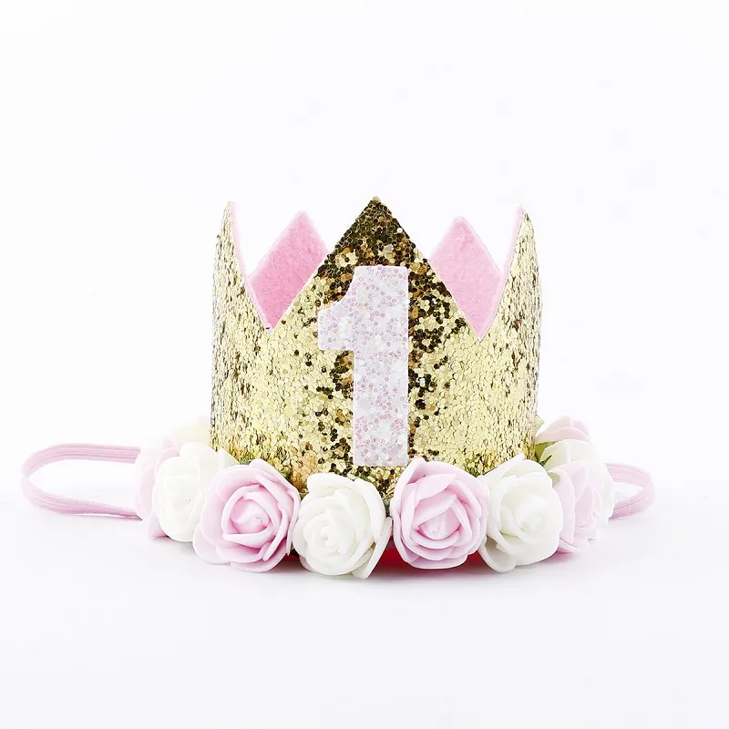 Hot New Gold Baby 1-9st Urodziny Party Crown Crown Sztuczne Różowe i Kremowe White Rose Flowers Tiara Headband Hj152