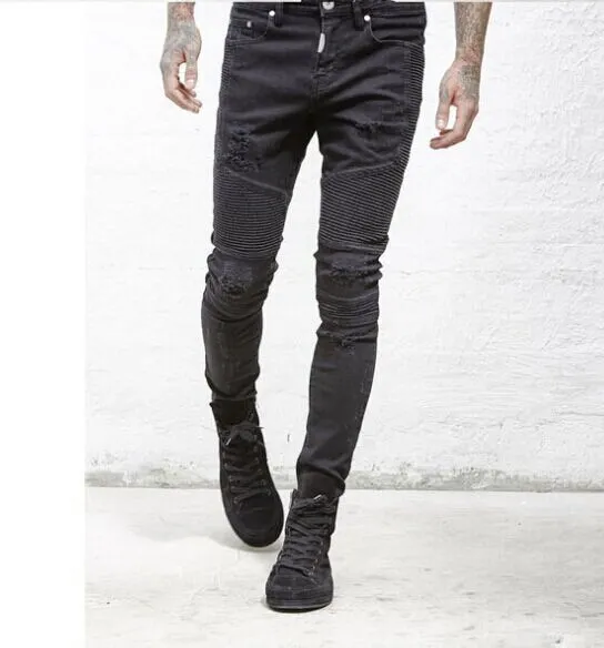 NOVO 2016 Buraco de Rua BIKER JEANS estéreo de recorte elástico Buraco Rasgado Calça Jeans homens denim pé do pé da locomotiva JEANS Strech Skinny Biker Pants