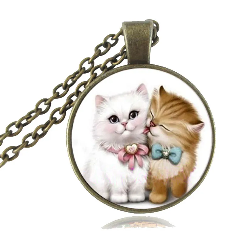 Котик ожерелье Два Любовь кошки кулон Шарм животных ювелирных изделий из стекла кабошон серебряные цепи свитер ожерелье аксессуары