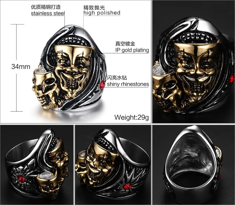 Men Punk Ring Stainless Steel IP Gold Plated Rhinestones Vintage Hip Hop Jewelry Carved Geometric Hipsters Necessities Accessories Size 8-12