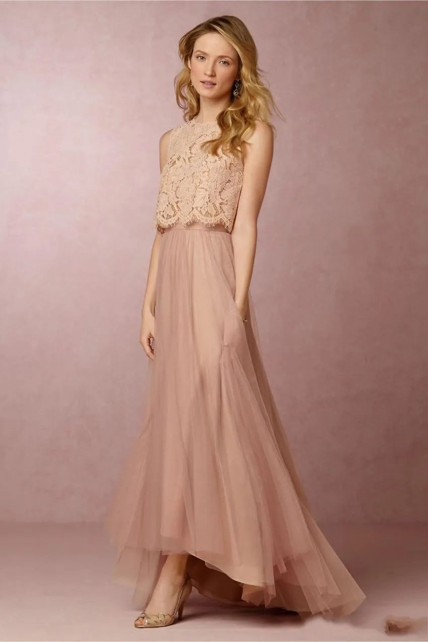 2020 Vintage Blush Różowy Dwa Kawałki Druhna Suknie Koronki Crop Wysokiej Niskiej Plaży Druhna Dresses Wedding Party Suknie Custom Made