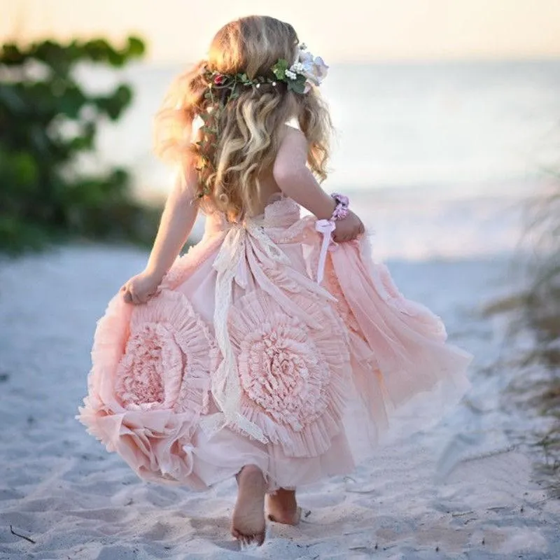 Rosa Halter Little Girls Party Dresses 2016 Chiffon Ruffles Flower Girl Dresses for Beach Wedding Floor Length Pagant Klänningar med Blommor