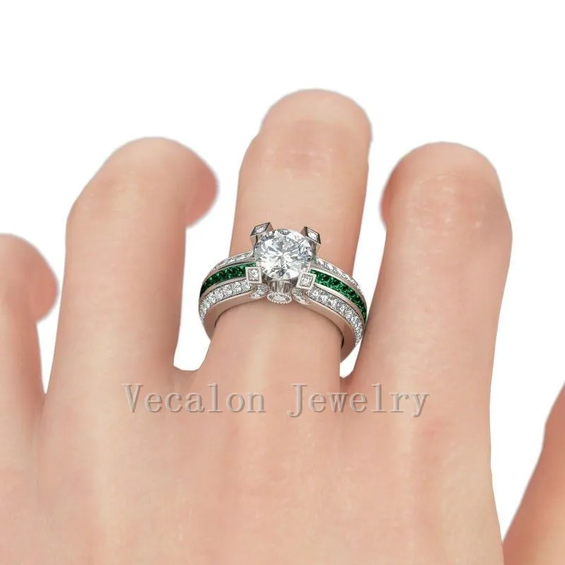 Vecalon Kvinna Lyxiga Smycken Förlovningsring Emerald Simulated Diamond Cz 925 Sterling Silver vigselring för kvinnor