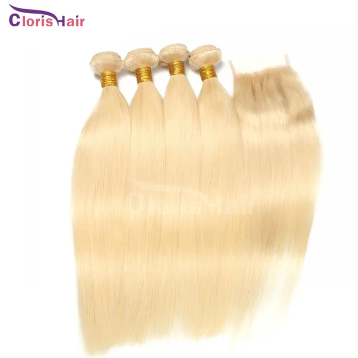 Best Straight Human Hair 3 Bundles With Lace Closure Virgin Malaysian Blonde 613 Closures And Hair Extensions Cheap Blonde Weaves Closure