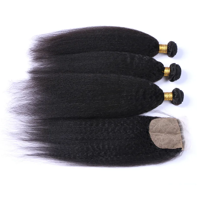 9A Mongolian Human Hair With Silk Base Closure Kinky Straight 3 Bundles With Closure Coarse Yaki Weaves With Silk Top Closure