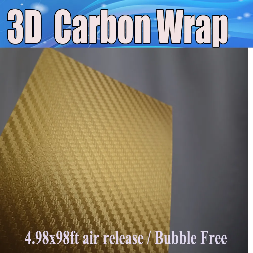 Guld 3D -kolfiber Vinyl Wrap Carbon Fire 3D Car Wrap Film med luftutsläpp för fordon / bord / båt / loptop hudstorlek 1.52x30m / rrull
