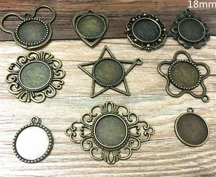 Mixed style 10style Diy Bronze Round pendant base Cameo Cabochon Base Setting Necklace Penand For Jewlery Making 18*18mm