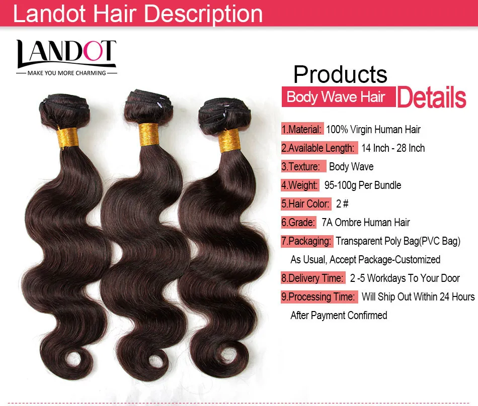 Peruansk malaysisk indisk brasiliansk kroppsvåg Mänskligt hår vävbuntar Naturfärg Mörk / Mellan / Ljusbrun Hårförlängningar Färg 1B / 2/4 / 8 #