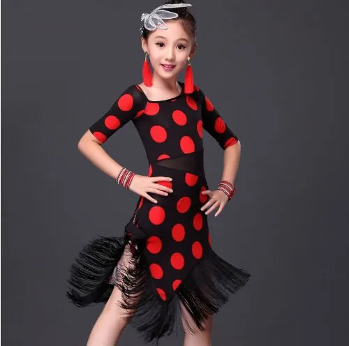 2016 Dress Kids For Latin Dance Children Costumes Latino Dance Dress Girls Ballroom Dance Dresses Girl Flamenco Dots Dance Skirts